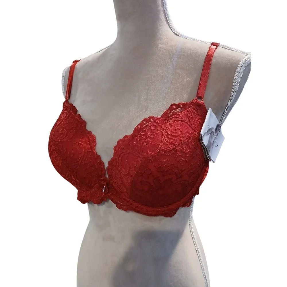 Smart & Sexy Red Lace Push Up Bra Underwire Padded 38B Floral Scalloped Trim